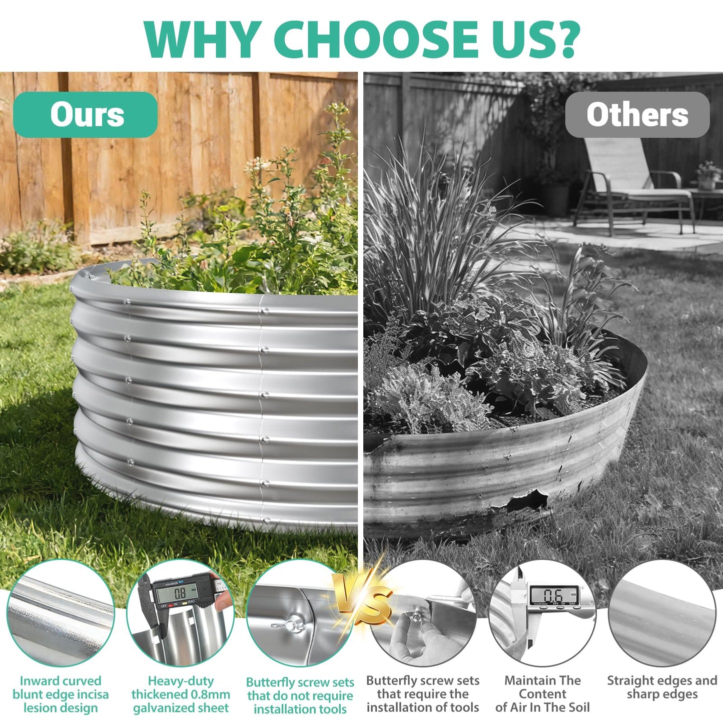 YSEJOMP 17" Tall Round Outdoor Garden Raised Garden Bed Kits-0.8MM Thick Metal Raised Planter Bed/Ground Planter Box for Variety of Flowers,Herbs,Vegetables,Trees (Silver, 48 Dia X 16.5inches)