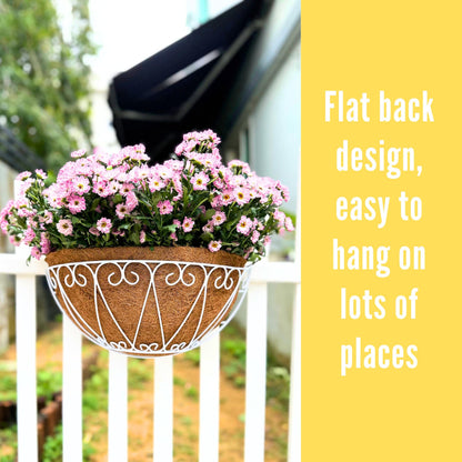 LaLaGreen Outdoor Wall Planters (2 Pack, 16 Inch) White Metal Wall Mounted Hanging Basket with Coco Liner, Large Flower Pot Plant Holder Planter for Fence Railing Deck Porch Balcony Modern Home Decor