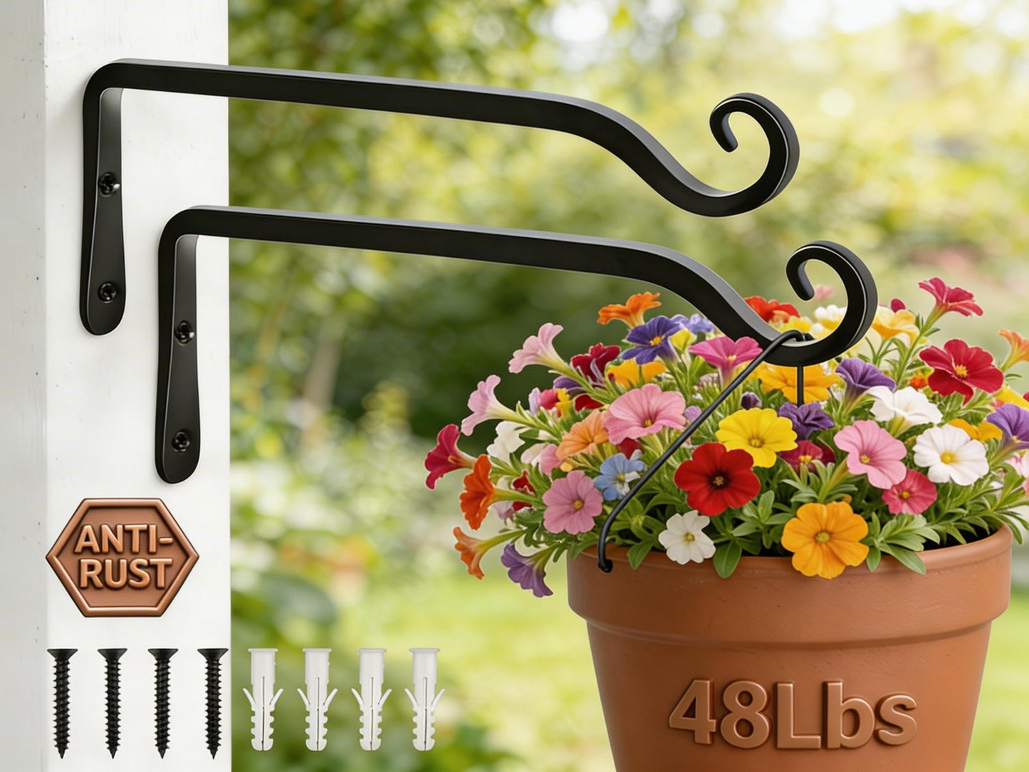 Gtongoko 2 Pack 10 Inch Plant Hangers Outdoor Metal, Plant Hooks for Wall Indoor, 48lb Capacity Outdoor Hooks for Hanging Bird Feeders, Lanterns, Wind Chime, Black