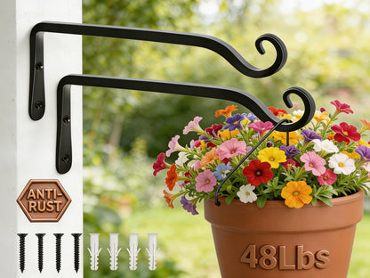 Gtongoko 2 Pack 10 Inch Plant Hangers Outdoor Metal, Plant Hooks for Wall Indoor, 48lb Capacity Outdoor Hooks for Hanging Bird Feeders, Lanterns, Wind Chime, Black