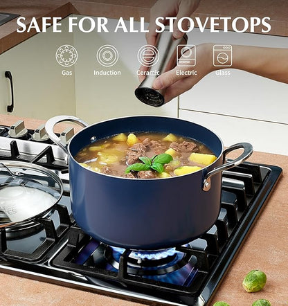 KOCH SYSTEME CS 6 Quart Nonstick Stock Pot with Lid, 6 QT Nonstick Ceramic Stockpot with Stay-Cool Handles, Induction Cooking Pot for Soups, Casserole, Soup Pot, Even Heating, Oven Safe, Gradient Blue