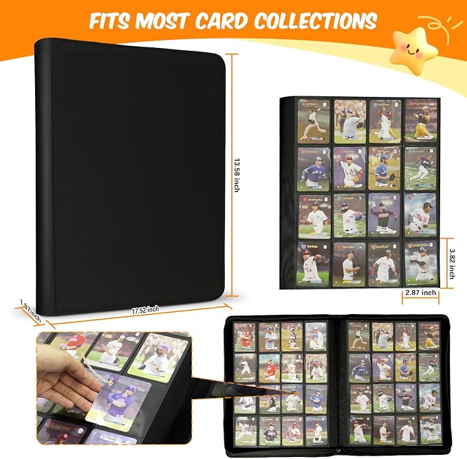 Premium Card Binder 16 Pocket, 1000+ Cards PU Cover Trading Card Binder Side Loading Card Collection Album Holder Folders for MTG, TCG, Game Cards & Sports Cards, Kpop (black)