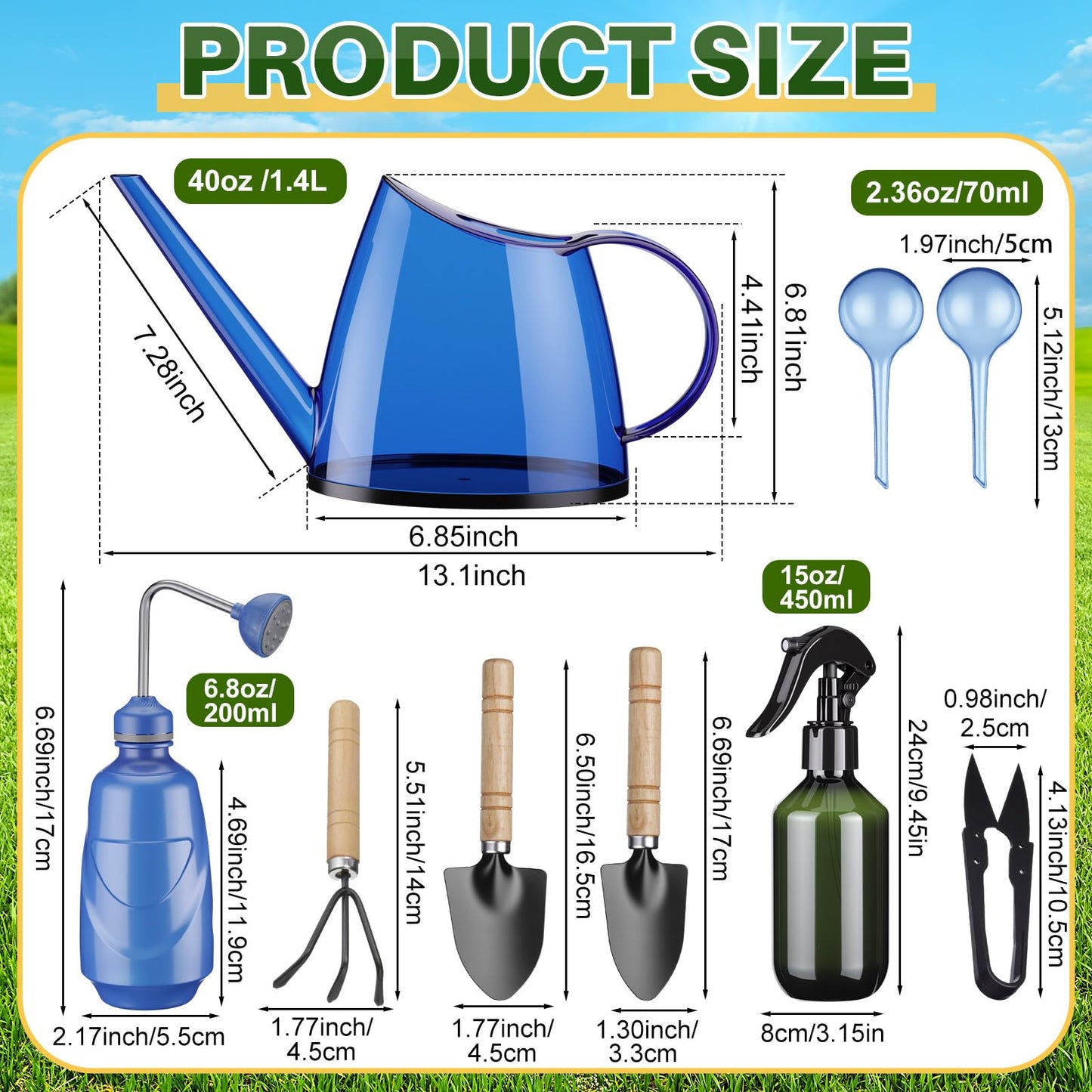 Ferrochef Indoor Plant Watering Can Set, 13 Pcs Garden Set with 47 oz Long Spout Can, Spray Mister, Squeeze Bottle, 6 Self Watering Globes, Gardening Tools & Pruning Scissors for Plants(Blue)