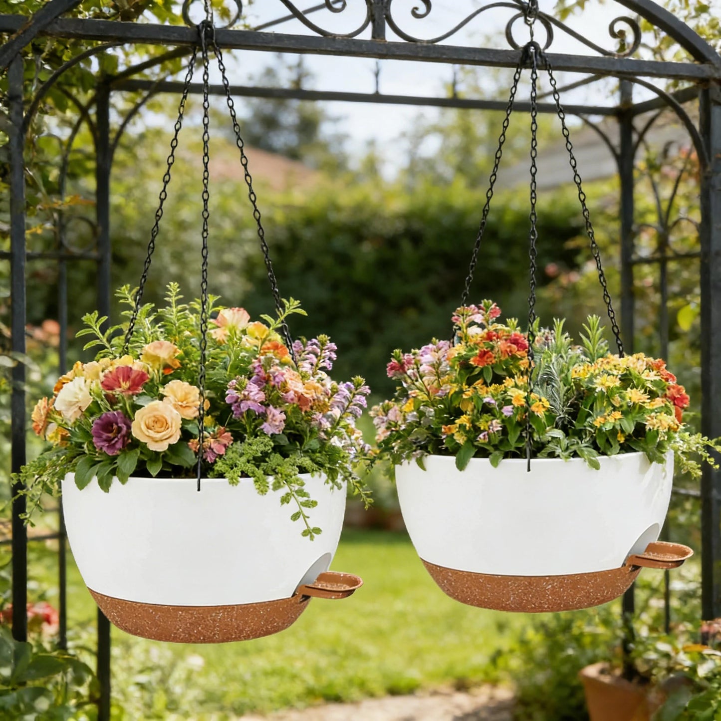 zople 2 Pack 12 Inch Self Watering Hanging Planters for Indoor Plants, Large White Brown Plastic Hanging Pots with Chains for Outdoor Patio Garden Home Decor White Brown