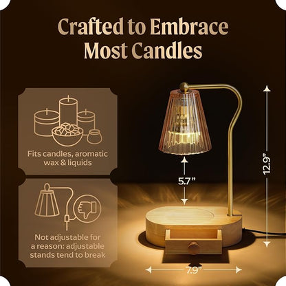 Candle Warmer Lamp with Timer & Dimmer, Natural Wooden Base with Drawer, Gold-Tone Metal Stand, Extra Bulb Included, Candle Warming Lamp, Electric Candle Wax Warmer