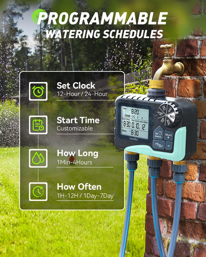 RAINPOINT 3 Zone Water Timer with Brass Inlet & Outlet, 3 Custom Watering Plans Sprinkler Timer, Featuring IP65 Waterproof,Rain Delay, Manual & Automatic Watering with Large LCD for Yard, 2026 Ver.