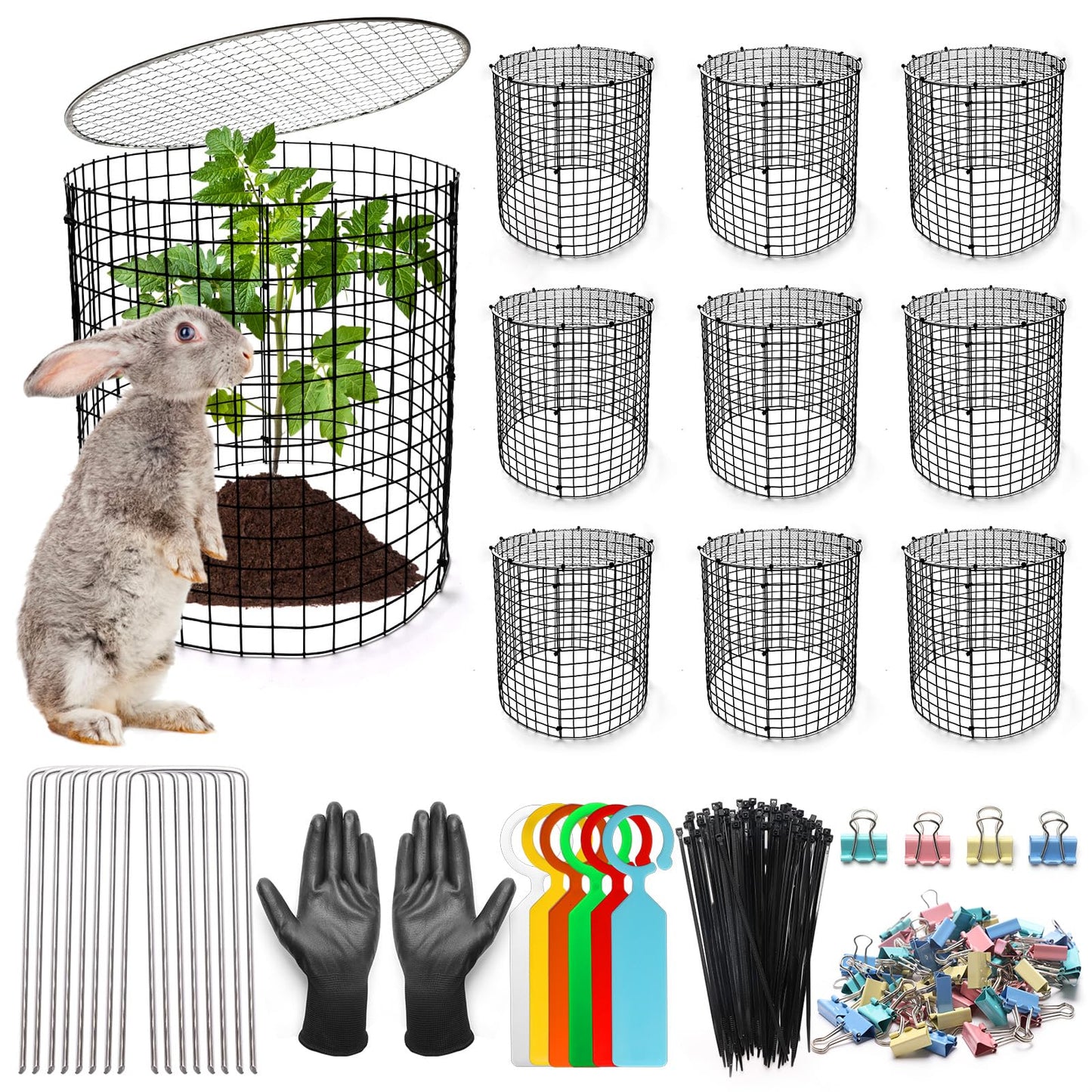AHIER 10 PCS Chicken Wire Plant Protector from Animals with Covers, Plant Cages for Outdoor Plants to Keep Animals Out Including 30pcs Metal Mesh, Covers, Ground Stakes, Labels, Clip, Ties and Gloves