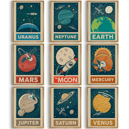 9pcs Retro Solar System Wall Art Nursery Space Pictures Retrospace Galaxy Wall Decor Outer Space Paintings Prints Sci-Fi Planet Posters for Boys Girls Kids Bedroom Living 12x16in Unframed