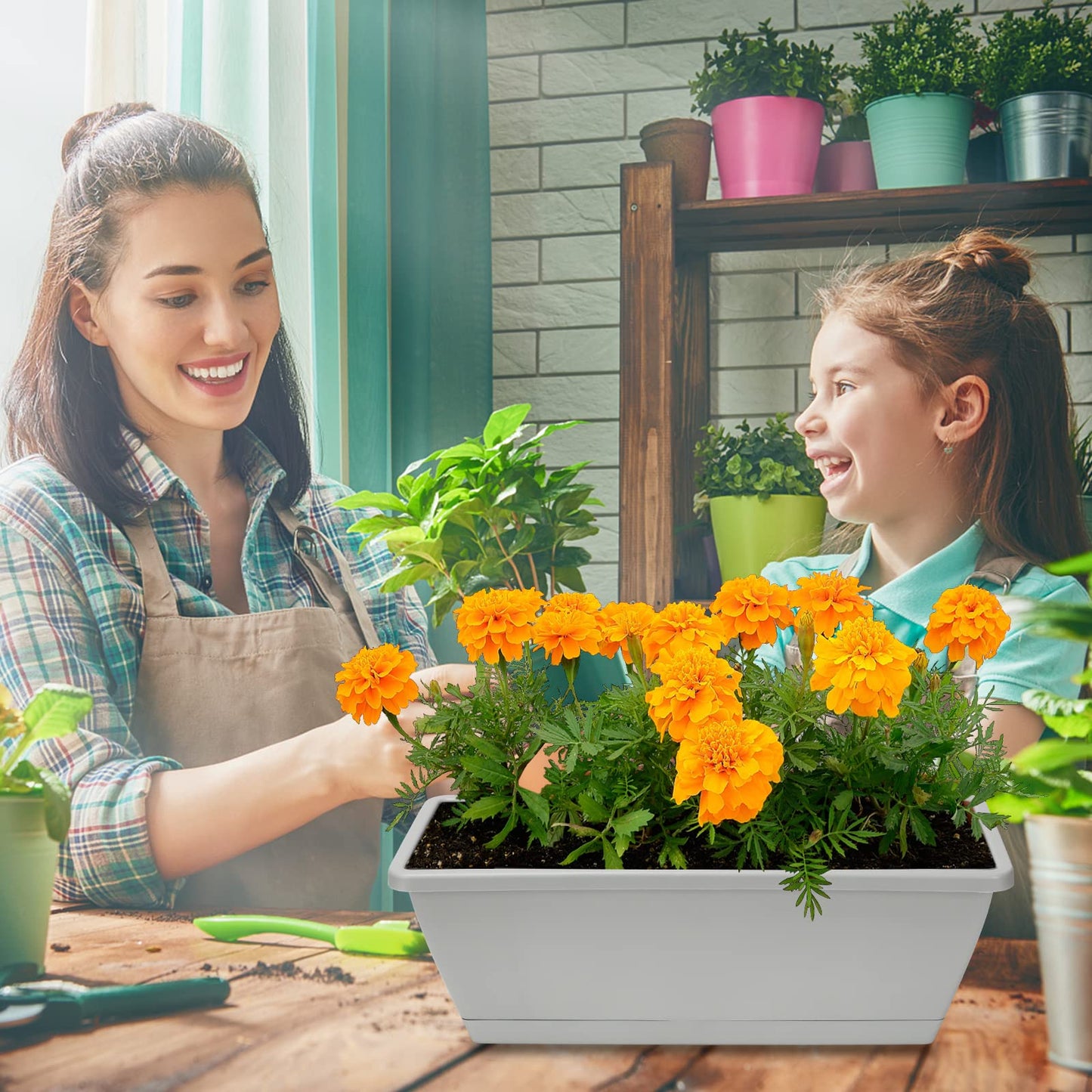 OSMOFUZE Window Box Planter, 6 Packs 17 Inches Rectangle Planters Box with Drainage Holes and Trays, Vegetable Planters for Windowsill Patio Garden Home Decor Porch Yard Light Gray
