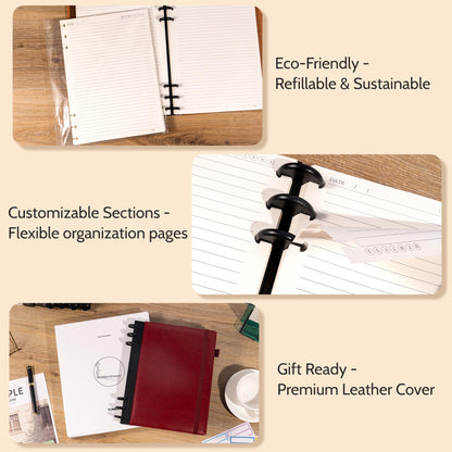 Yoment Refillable Notebooks for Work Discbound: Hardcover Notebook with 5 Subject Removable Dividers Tabs Colleged Ruled Large Journal for Writing Women Men 240 Pages,Dark Red