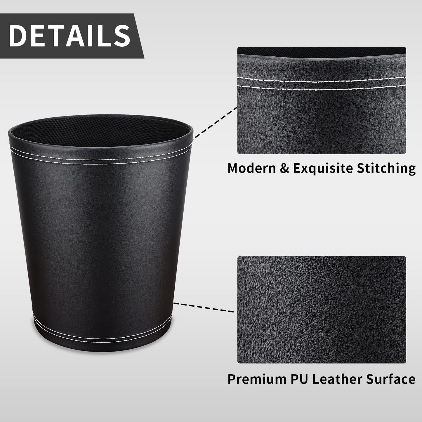 GORESE Pu Leather Trash Can, 2.6 Gallon Black Bathroom Trash Can, Small Office Garbage Can Wastebasket for Bedroom, Kitchen, Round Trash Bin Decorative Under-Sink/Desk/Home Easy to Clean