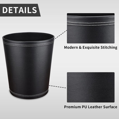 GORESE Pu Leather Trash Can, 2.6 Gallon Black Bathroom Trash Can, Small Office Garbage Can Wastebasket for Bedroom, Kitchen, Round Trash Bin Decorative Under-Sink/Desk/Home Easy to Clean