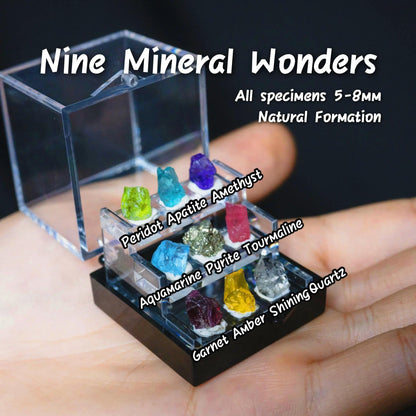 9 Rare Natural Gemstone Collection Gift Box-Peridot, Apatite & 7 Exquisite Minerals-Square Acrylic Tiered Display Case - Ideal Birthday & Christmas Gifts for Mineral Enthusiasts,Geography Enthusiast