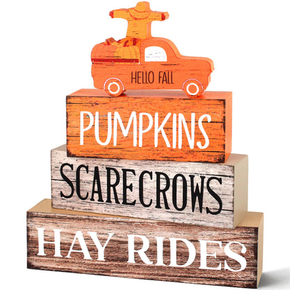 4 Pcs Fall Decor Wooden Tiered Tray Decor, Pumpkins Car Autumn Decorations Gifts for Home, Thanksgiving Table Centerpiece for Autumn Harvest Party Kitchen