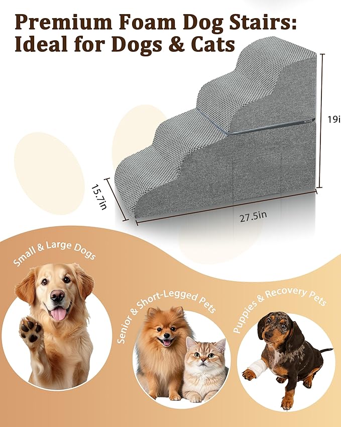 Dog Stairs for Bed, 19" H 4-Step Dog Steps for Window Seat & Loft Couch, Non-Slip Stable Pet Stairs for Small & Senior Dogs, Senior-Friendly Gentle Steps, Foldable Doggy Stairs for Resting