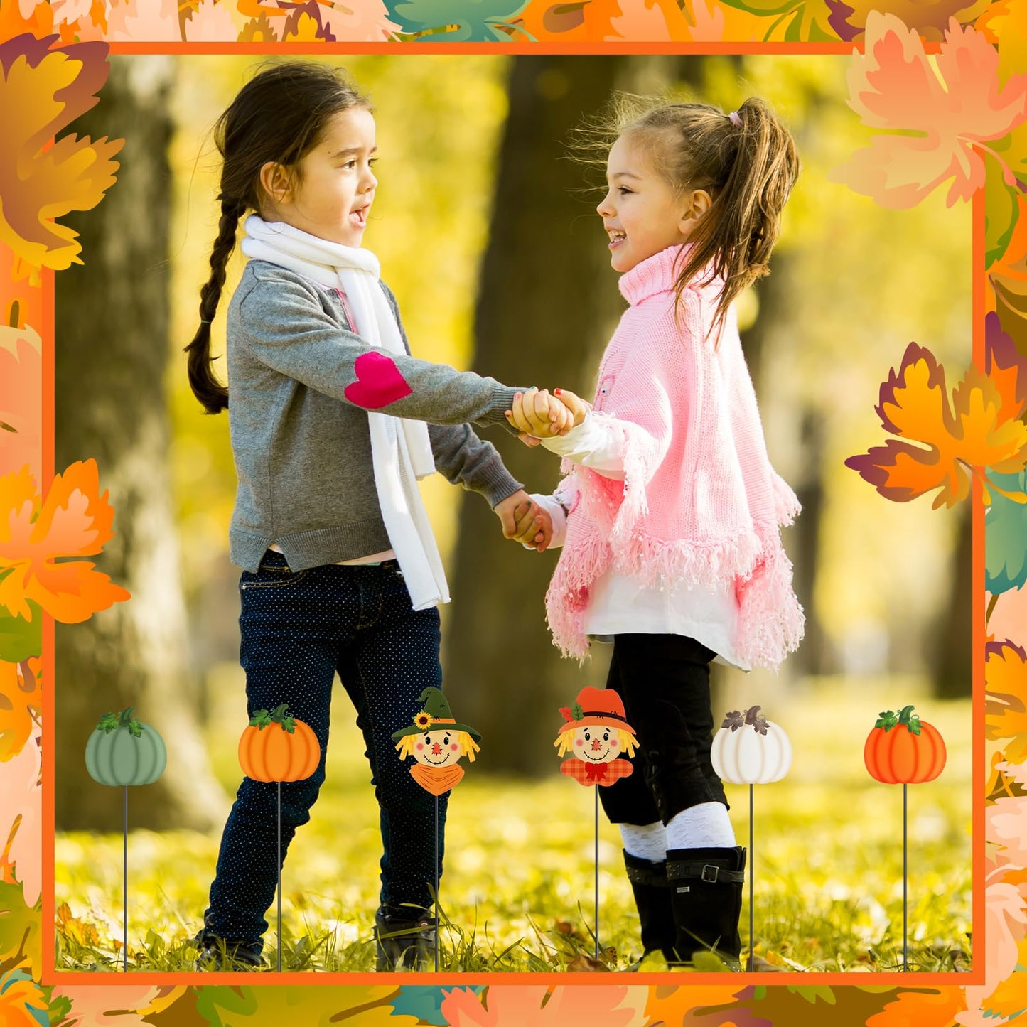 Anglechic 6 Pcs 12'' Fall Outdoor Decor Garden Stakes Pumpkin Scarecrow Maple Leaves Fall Metal Yard Sign Autumn Yard Stakes Outdoor Thanksgiving Decorations for Planter Lawn Patio Walkway Porch