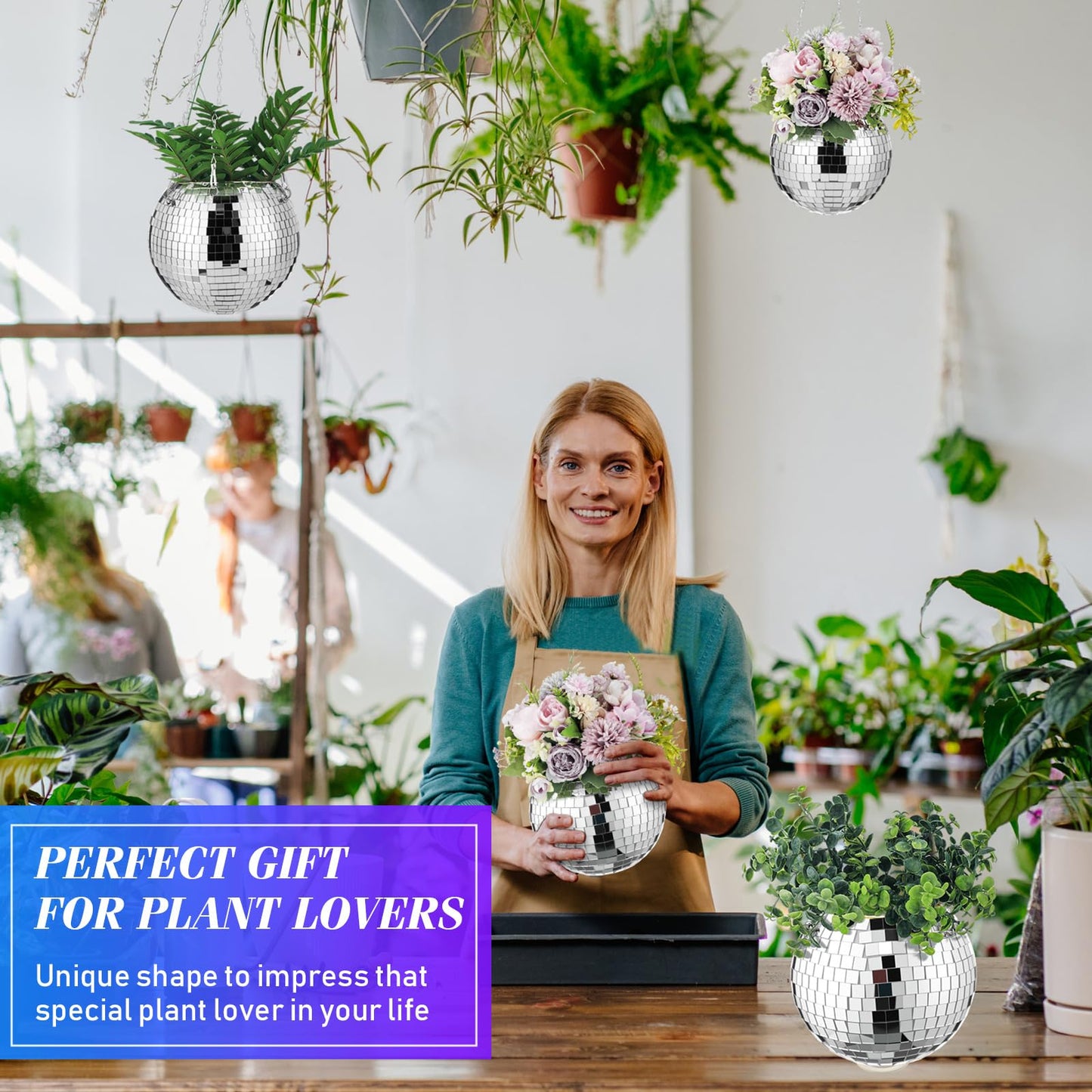 Romooa 4 Pcs 6/8 Disco Ball Planter Hanging Disco Ball Plant Hanger with Chain Hook and Ring Stand, Mirror Flower Pot for Indoor and Outdoor Plants 70s 80s Party Room Decorations, Sliver