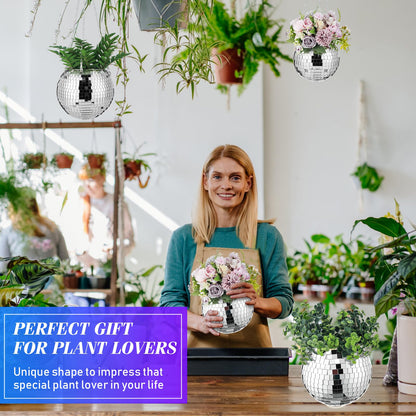 Romooa 4 Pcs 6/8 Disco Ball Planter Hanging Disco Ball Plant Hanger with Chain Hook and Ring Stand, Mirror Flower Pot for Indoor and Outdoor Plants 70s 80s Party Room Decorations, Sliver