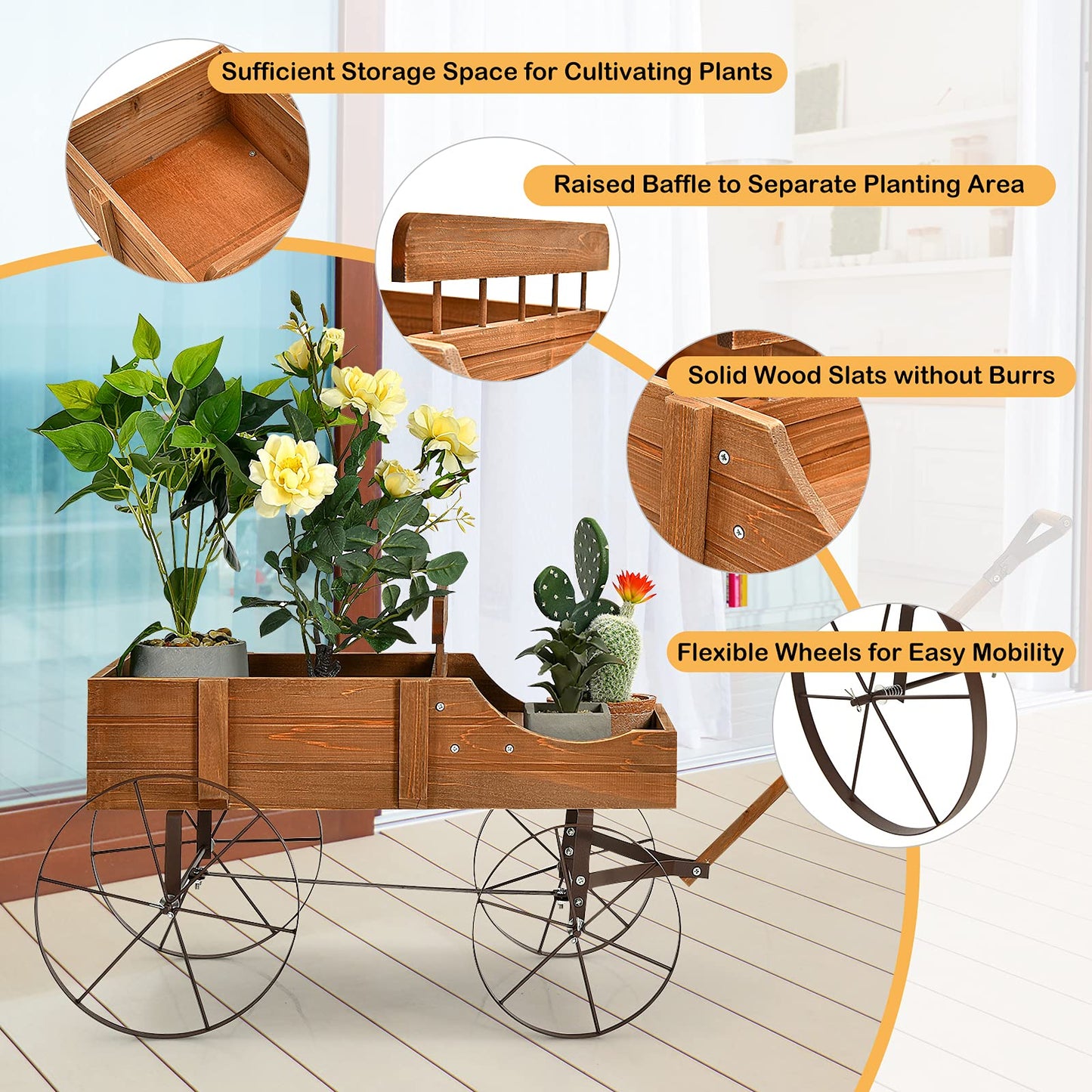 Aurcs Wooden Wagon Planter, Garden Wagon Cart Planter Pot Stand w/ 2 Planting Section, Adjustable Handle, Rolling Wheels, Planter Box Display for Succulent, Flowers, Vegetables (Natural)