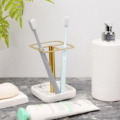 DODAMOUR Stainless Steel Toothbrush Holder with Marble-Style Weighted Base, 3-Section Organizer for Electric Toothbrushes & Toothpaste, Bathroom Countertop Stand (Gold)