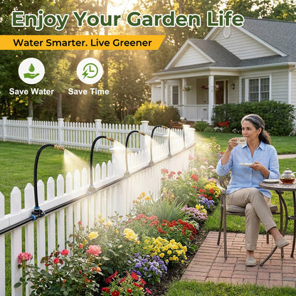 50FT Drip Irrigation Kit, 360° Adjustable Garden Watering System with 1/4" Tubing, Brass Misting Nozzles, DIY Irrigation System for Plants, Raised Beds, Greenhouse