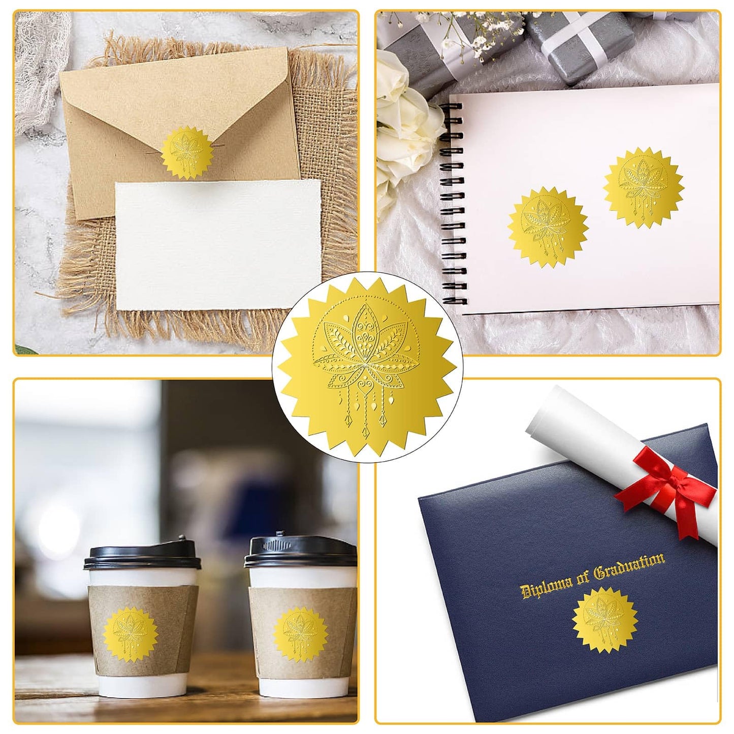 CRASPIRE 144Pcs Lotus Flower Gold Foil Embossed Stickers 2" Mandala Self Adhesive Envelopes Seals Round Labels for Wedding Invitation Graduation Corporate Certificates Diplomas Gift Wrapping Decor