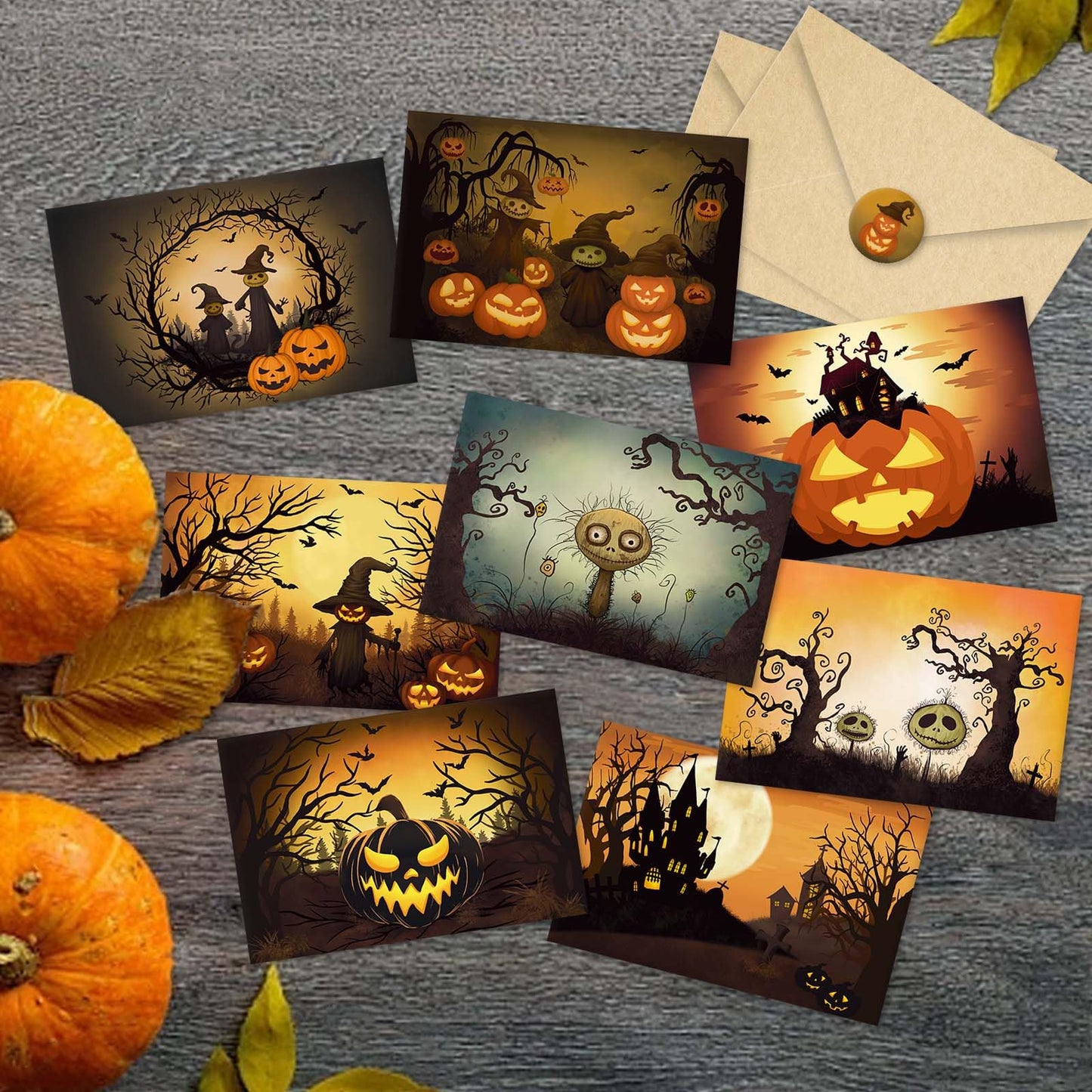 SuperShunhu 24 Pack Vintage Halloween Greeting Cards, Jack-O'-Lantern And Witch Halloween Cards, Artful Spooky Halloween Themed Card Set, 8 Designs Halloween Cards Bulk