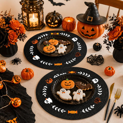 Whaline 4 Pcs Round Halloween Placemats Embroidered Place Mats Spooky Ghost Pumpkin Candy Dinner Table Mats for Home Halloween Trick or Treat Party Table Decor