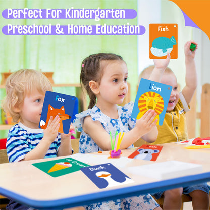 50 PCS Kid First Cognitive Flashcards,Double Sided Printed 7 in 1 Colorful Cards Alphabet,Numbers, Foods,Animals,Shapes,Colors with 3 Reclosable Rings,Learning Tool for Pre-K Kindergarten Toddlers
