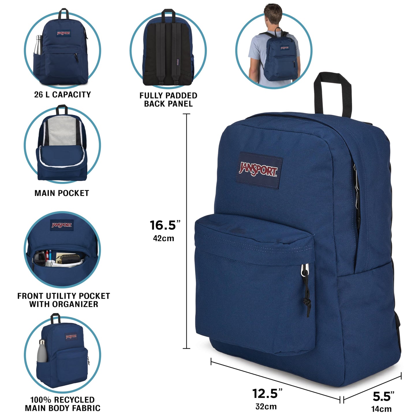 JanSport SuperBreak Plus Backpack with Padded 15-inch Laptop Sleeve and Integrated Bottle Pocket - Spacious and Durable Daypack for Work and Travel - Blossom Bae Blue