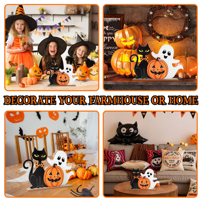 Halloween Decorations Indoor Wooden Black Cat Halloween Decor Ghost Table Sign Pumpkin Table Centerpieces Standing Tabletop Decoration for Holiday Desk Tiered Tray Party Shelf Decorations Farmhouse
