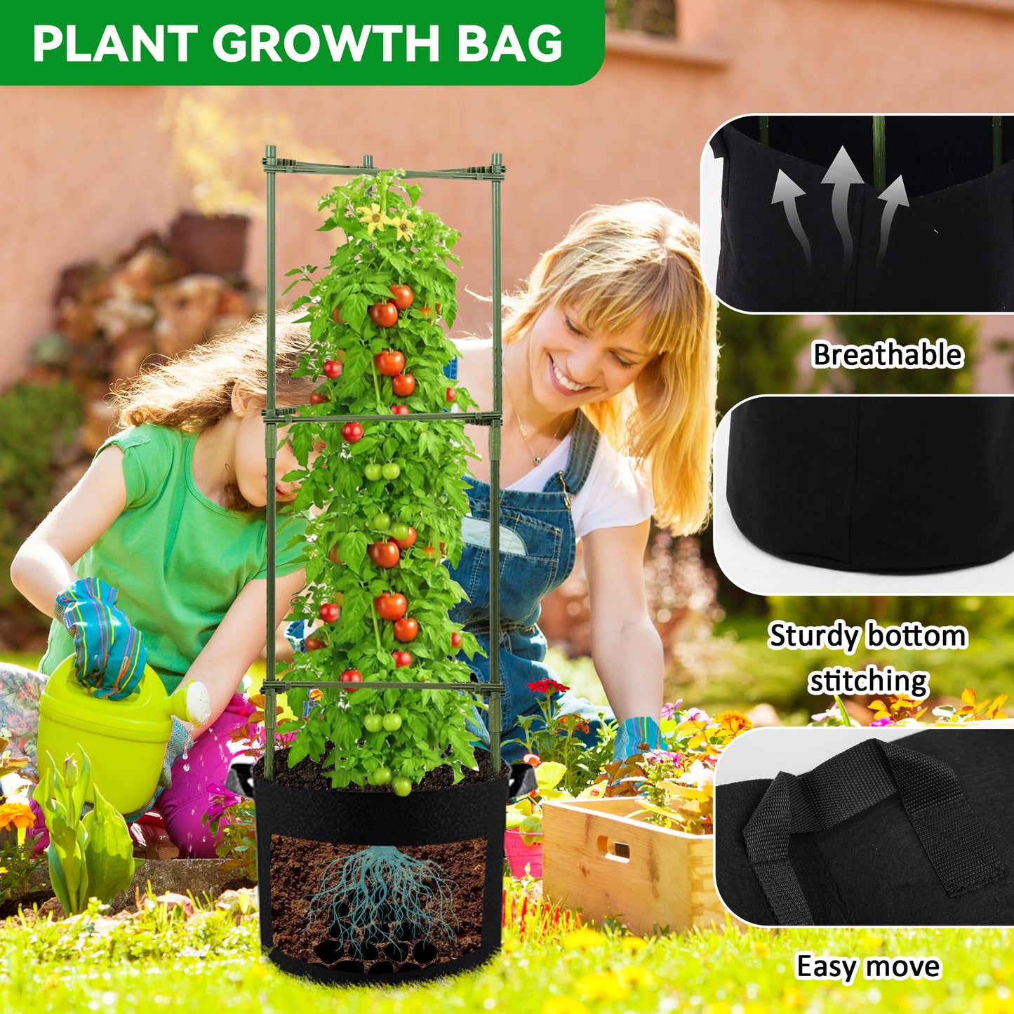 GENMOUS Tomato Cages with Grow Bags - 48 Inch Tomato Trellis for Raised Garden Bed, 3-Pack Tomato Plant Support, with 10 Gallon Plant Grow Bags, Reusable and Height Adjustable