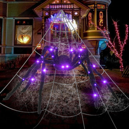 5ft Giant Light Up Sound Activated Talking Halloween Spider with Purple Lights and 17 * 16Ft Spider Web with 200sqft Stretched Cobweb for Indoor Outdoor Decorations and Yard Creepy Lighted Decor