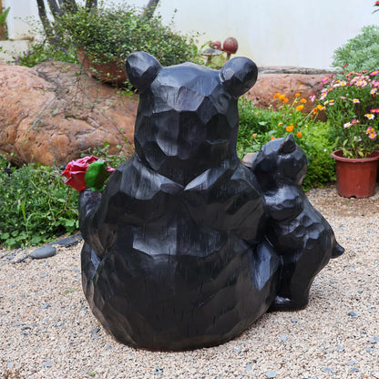 Bear and Cub Garden Planter - 21-Inch Large Resin Black Bear Statue with Flower Barrel, Rustic Wood Carved Look Flower Pot for Outdoor Porch Patio Yard Decor, Animal Sculpture Housewarming Gift