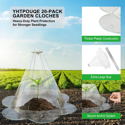 Yhtpouqe 20 Pack Garden Cloches for Plants, Larger Plant Covers Freeze Protection with 40 Ground Securing Pegs, Plant Protectors from Animals for Vegetable, Flower Seedlings, 10.51" H X 10.48" D