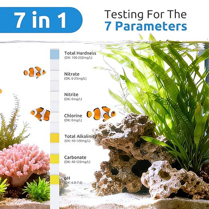 SEAOURA 7-in-1 Aquarium Test Kit for Fish Tanks - 135 Strips Water Testing Strips for Aquariums & Ponds Accurate Testing Nitrate，Nitrite，Chlorine，Hardness，Alkalinity，Carbonate，pH