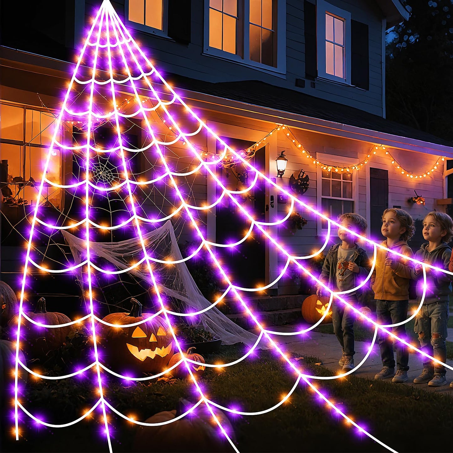 Halloween Spider Giant Web Lights: 350 LED Lighted Giant 23 Ft Halloween Decorations Light up with 8 Lighting Modes Outdoor Indoor Yard House Decor, Purple & Orange (350LED 23FT Giant Spider Web)