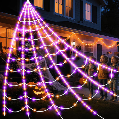 Halloween Spider Giant Web Lights: 350 LED Lighted Giant 23 Ft Halloween Decorations Light up with 8 Lighting Modes Outdoor Indoor Yard House Decor, Purple & Orange (350LED 23FT Giant Spider Web)