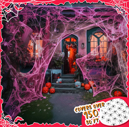 Tellingyou 950 Sqft Halloween Pink Spider Webs Decorations with 50 Extra Fake Spiders, Super Stretchy Cobwebs for Halloween Decor Indoor and Outdoor