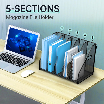 MINDEPOT Desk File Organizer Metal Desk Magazine Folder Holder with 5 Vertical Compartments Rack File Organizer for Office, Home, School, Black