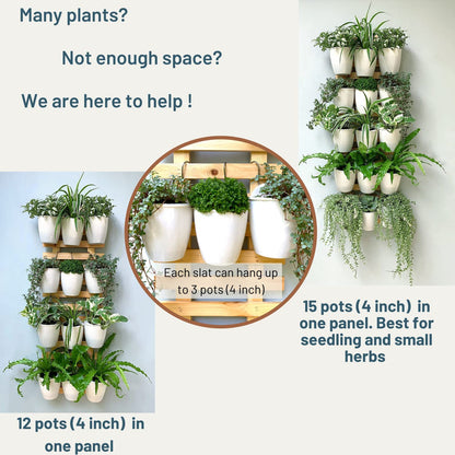 ShopLaLa Bundle - 4" White Self Watering Plastic Pots x 10 Pack + White Wooden Hanging Planter, Rustic Vertical Herb Garden Plant Holder Wall Mounted Modern Hydroponic Herb Pot LaLaGreen