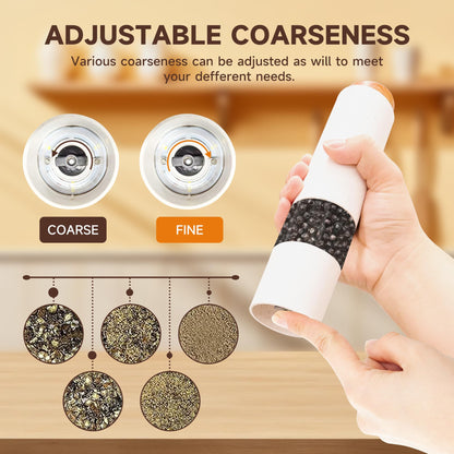 MEHIDFY Electric Salt and Pepper Grinder Set, 2 Pack Salt and Pepper Grinder Battery Operated, One-Handed Automatic Salt and Pepper Mill Grinder with LED Light, Adjustable Coarseness (White)
