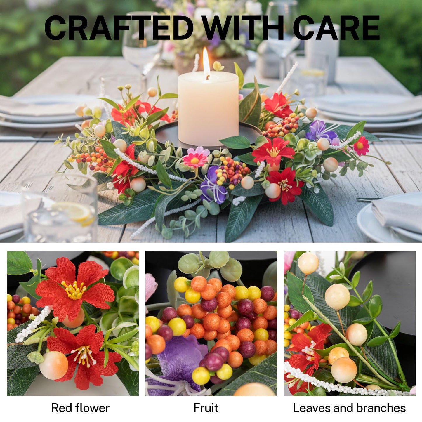 MOYEE Summer Candle Holder Centerpieces for Tables,Candle Ring, Black Metal Candlestick with an Artificial Wreath 14 in Versatile Dining Table Centrepiece (Red Flower Green Leaf Wreath)
