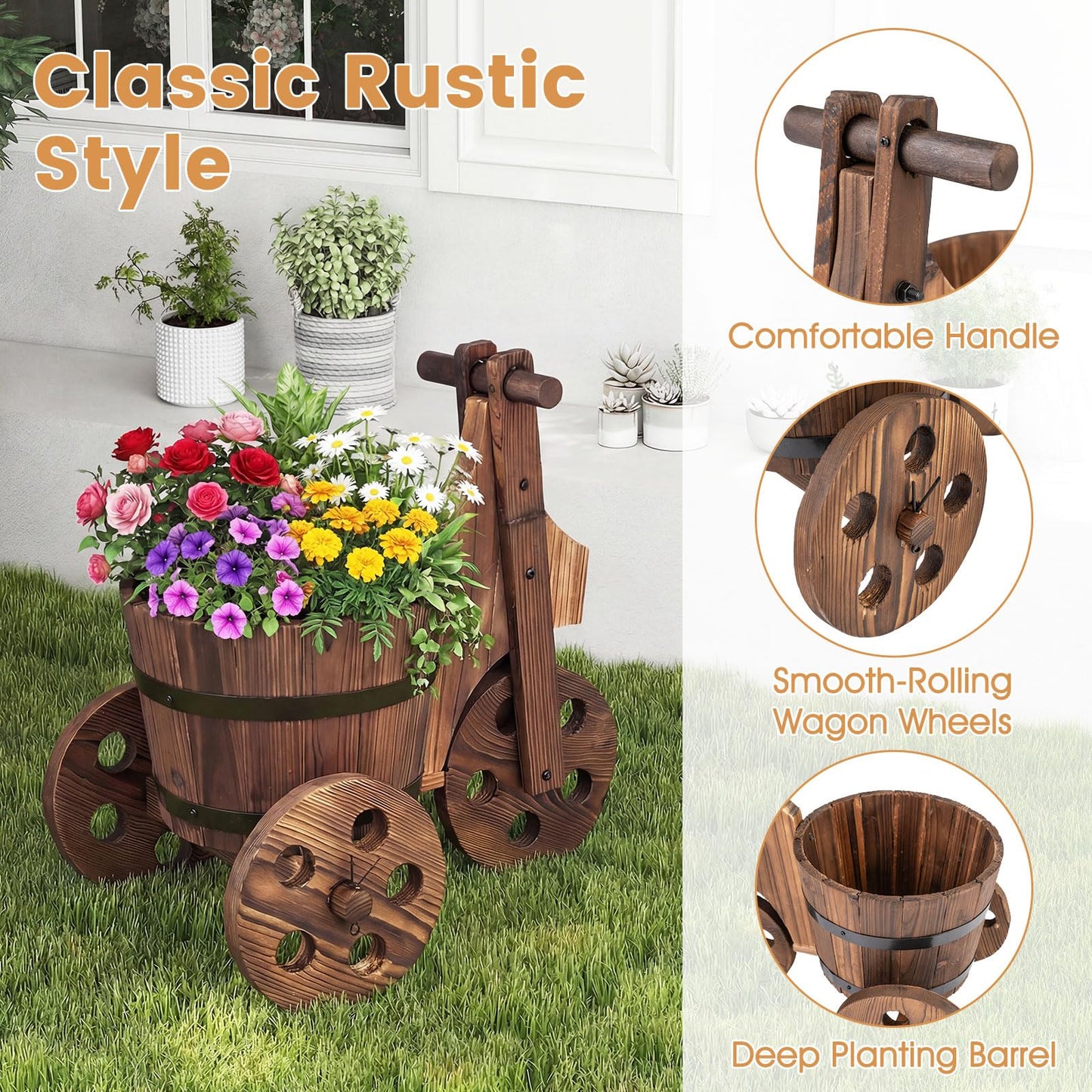 Giantex Wooden Wagon Planter with Wheels, Rustic Wood Plant Stand with 3 Wheels & Drainage Hole for Flowers Herbs Vegetables, Indoor Outdoor Decorative Garden Flower Cart for Patio Backyard (1)