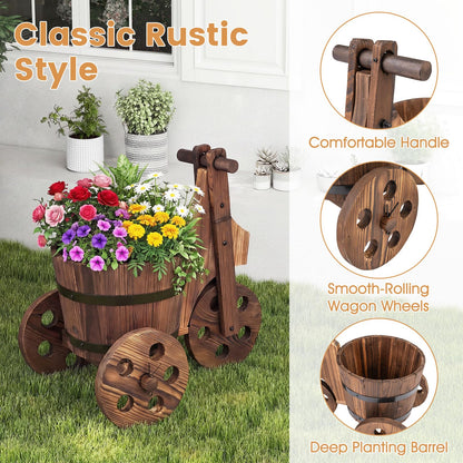 Giantex Wooden Wagon Planter with Wheels, Rustic Wood Plant Stand with 3 Wheels & Drainage Hole for Flowers Herbs Vegetables, Indoor Outdoor Decorative Garden Flower Cart for Patio Backyard (1)