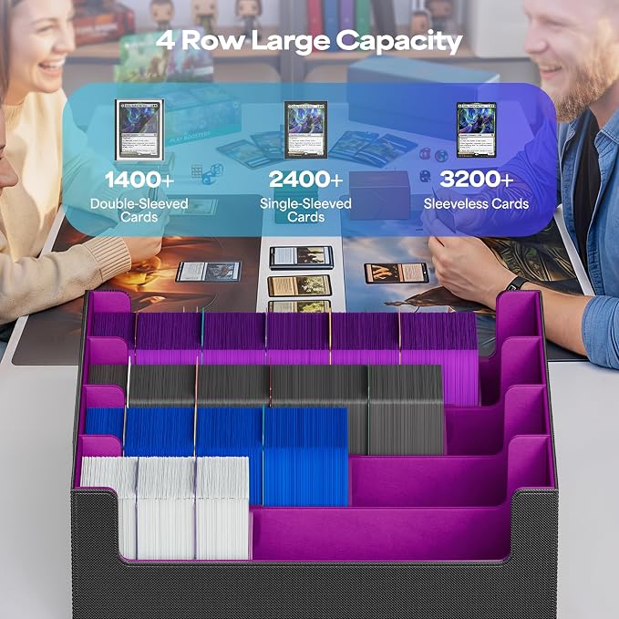UAONO Trading Card Storage Box, Holds 2400 Sleeved Cards with 24 Dividers & 4 Stoppers, Magnetic Closure PU Leather Card Case for MTG, PTCG, YGO, Sports Cards (Black&Purple)