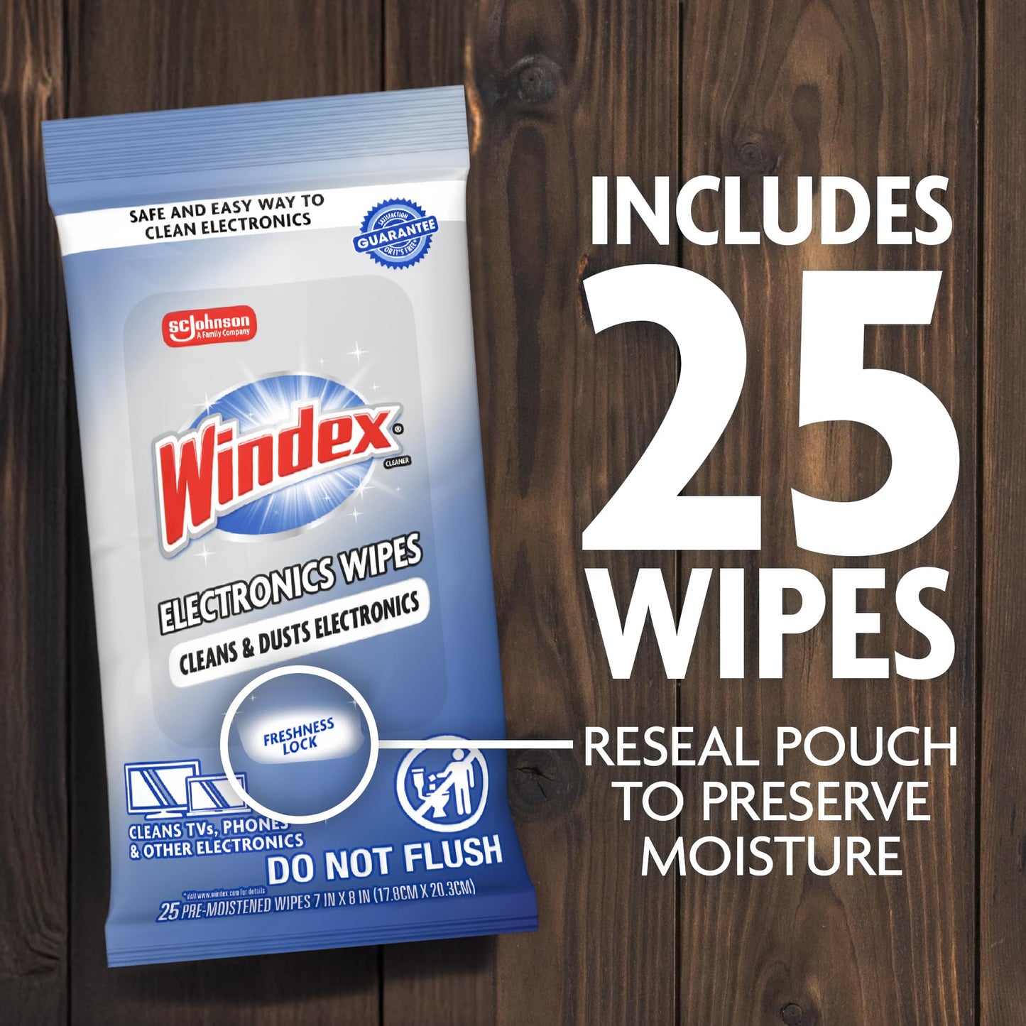 Windex Electronic Cleaning Wipes, Pre-Moistened Screen Wipes for TVs, Phones, and Other Electronics, Resealable for a Freshness Lock, 25 Count (Pack of 3)