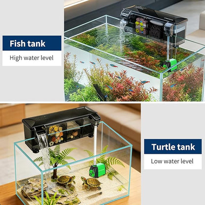 Hang-on-Back Aquarium Filter Box with Reusable Filter Media, Waterfall Oxygenation, Fits High & Low Water Level, for 1-5 Gallon Fish & Turtle Tank (Pump Not Included)
