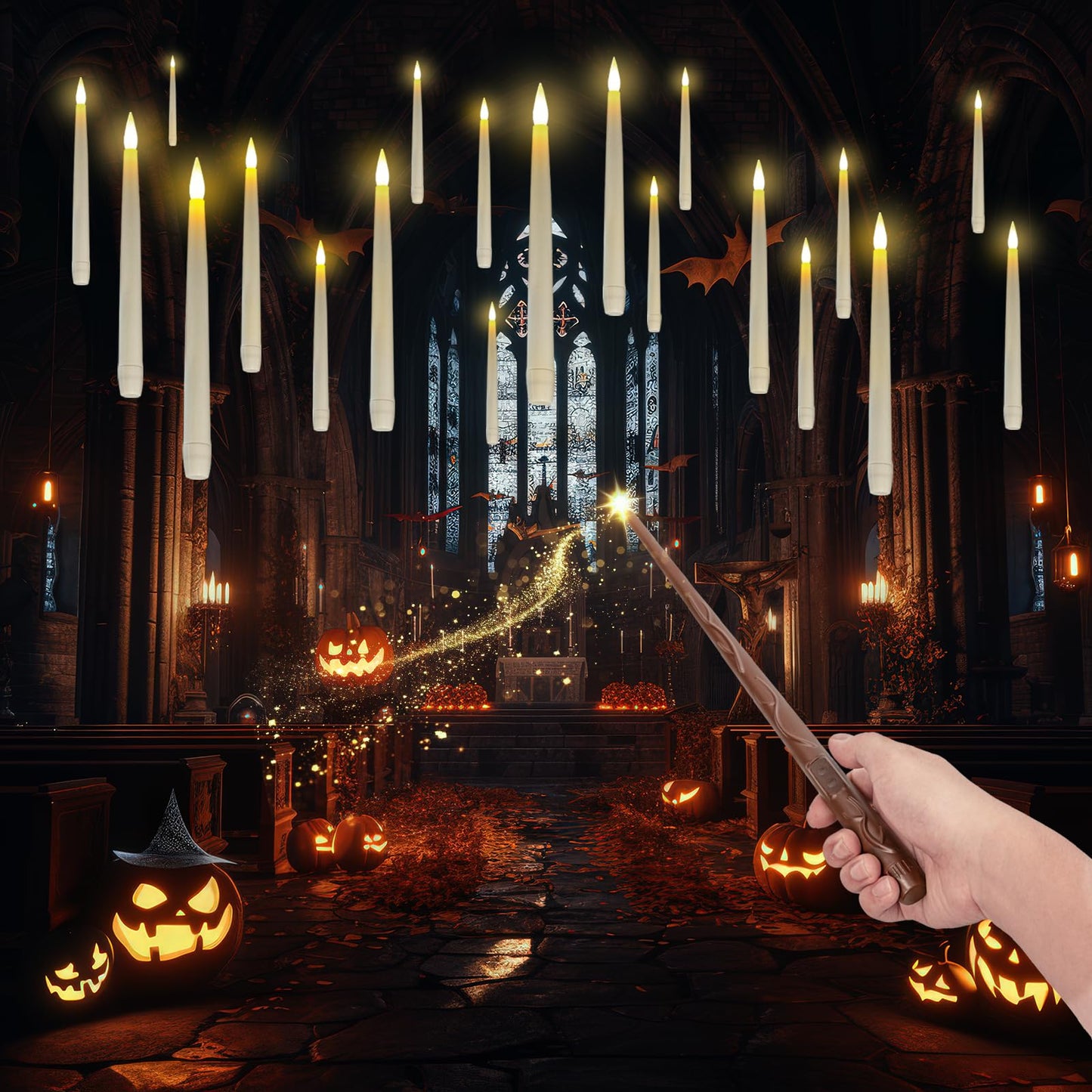 Homemory 20PCS Floating Candles with Wand Remote, Flameless Hanging Taper Candle with Flickering Warm Light, Battery Operated Magic Deco Candles for Halloween, Christmas, Birthday, Indoor Decor