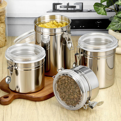 QWORK 4 Pack Stainless Steel Kitchen Storage Canister, Airtight Flour Clamp Canister, 26oz, 36oz, 47oz, 62oz